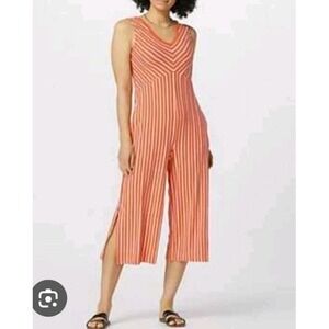 Cuddl Duds Women's Wide Leg Flexwear V-Neck Jumpsuit Orange Striped  Large